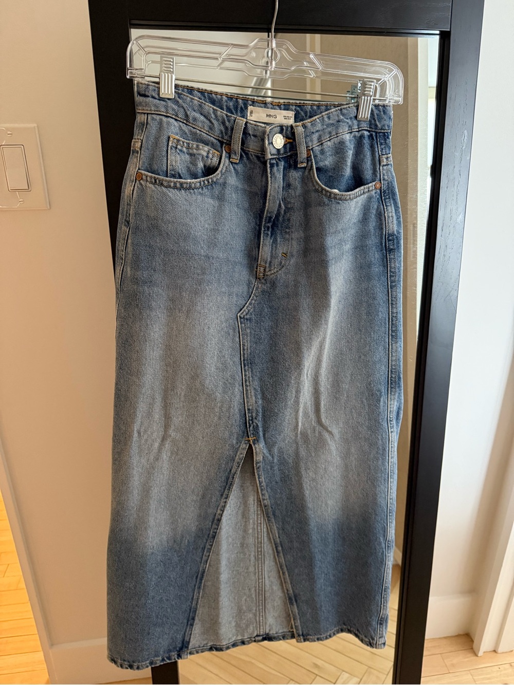 Mango Light Blue Denim Midi Skirt with Front Slit - Picture 2 of 6